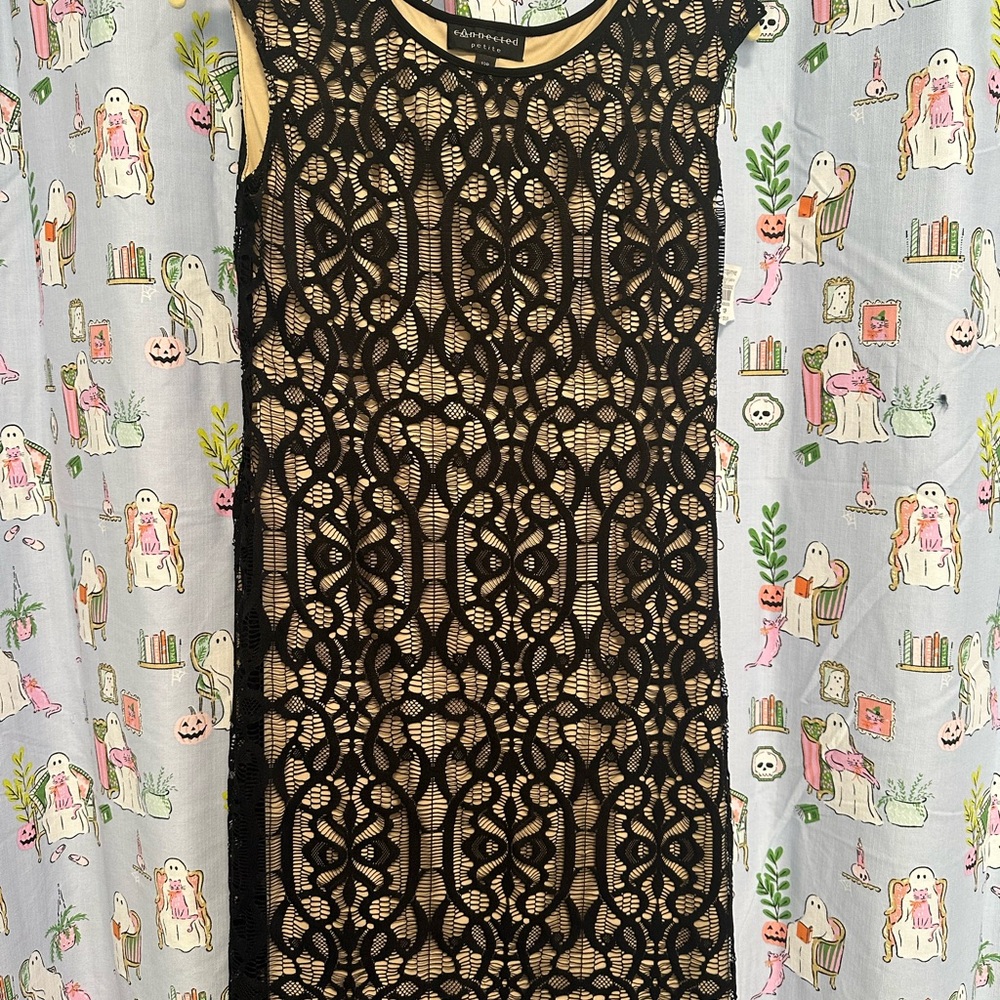 connected apparel Black Lace Midi Dress with Nude Lining
